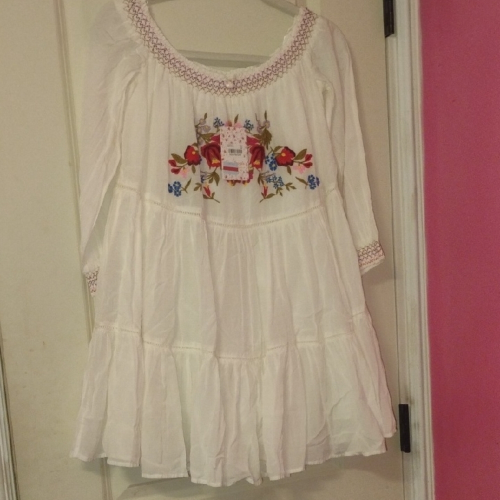 Free People White Sundress with Bishop Sleeves and Scoop Neck